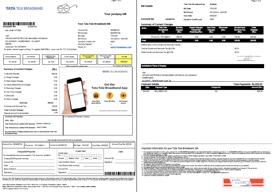 India Tata Tele Broadband utility bill template in Word and PDF formats, 2 pages